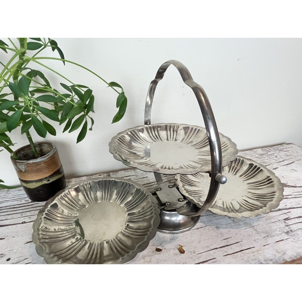 Vintage Ornate Folding 3 Tier Silver Plated Candy Appetizer Serving Tray